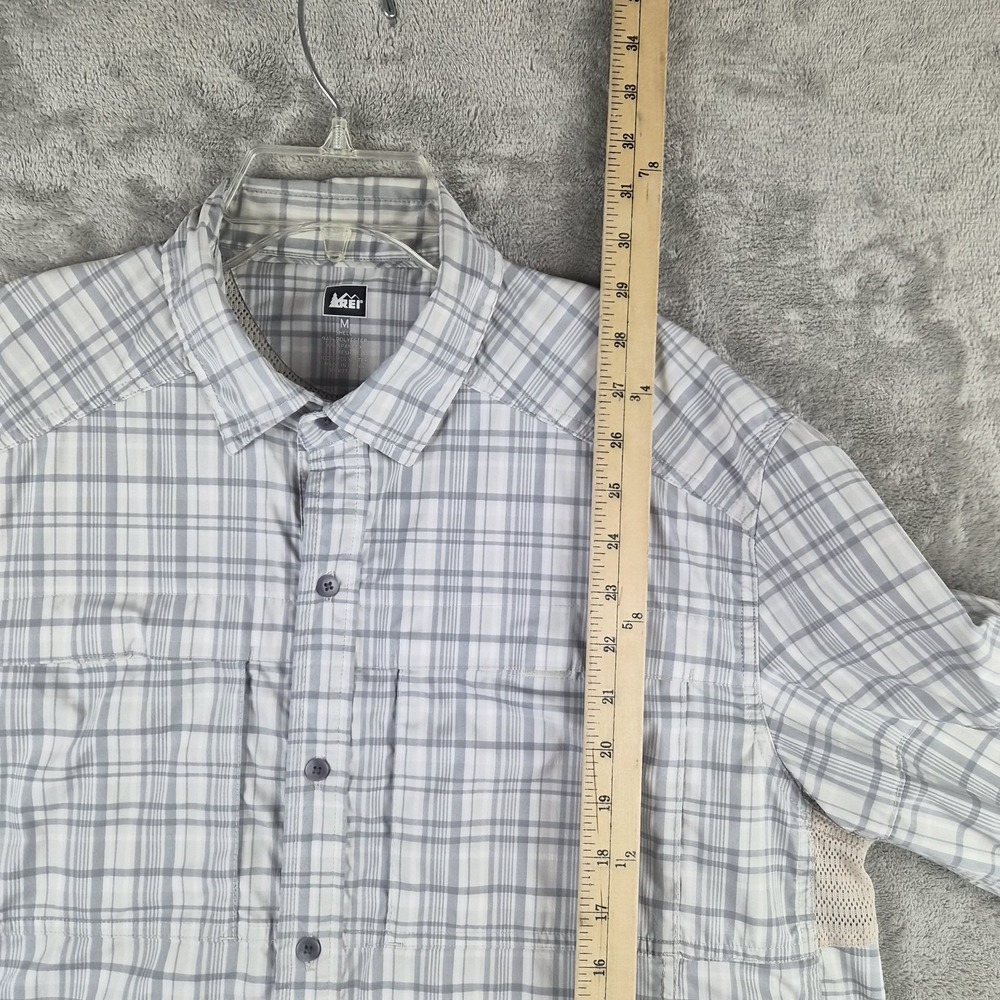 REI Mens Hiking Shirt Medium Gray Plaid Stretch Long Sleeve Roll Tab Outdoor - Picture 8 of 12